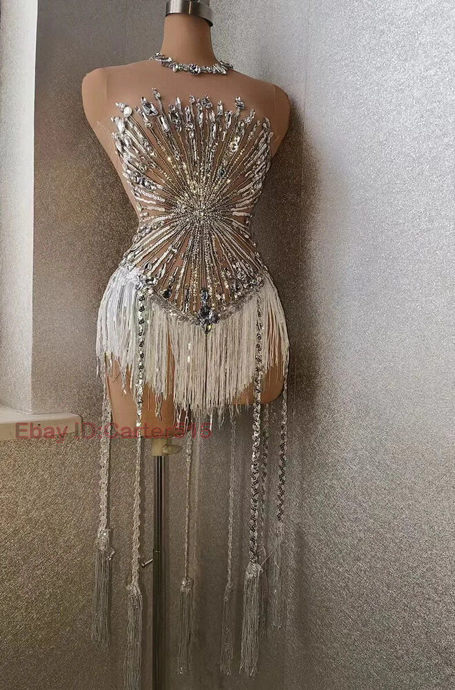 Fashion Women Sequin Long Tassel Dres Dance Performance Costume Party Stage Wear image 8