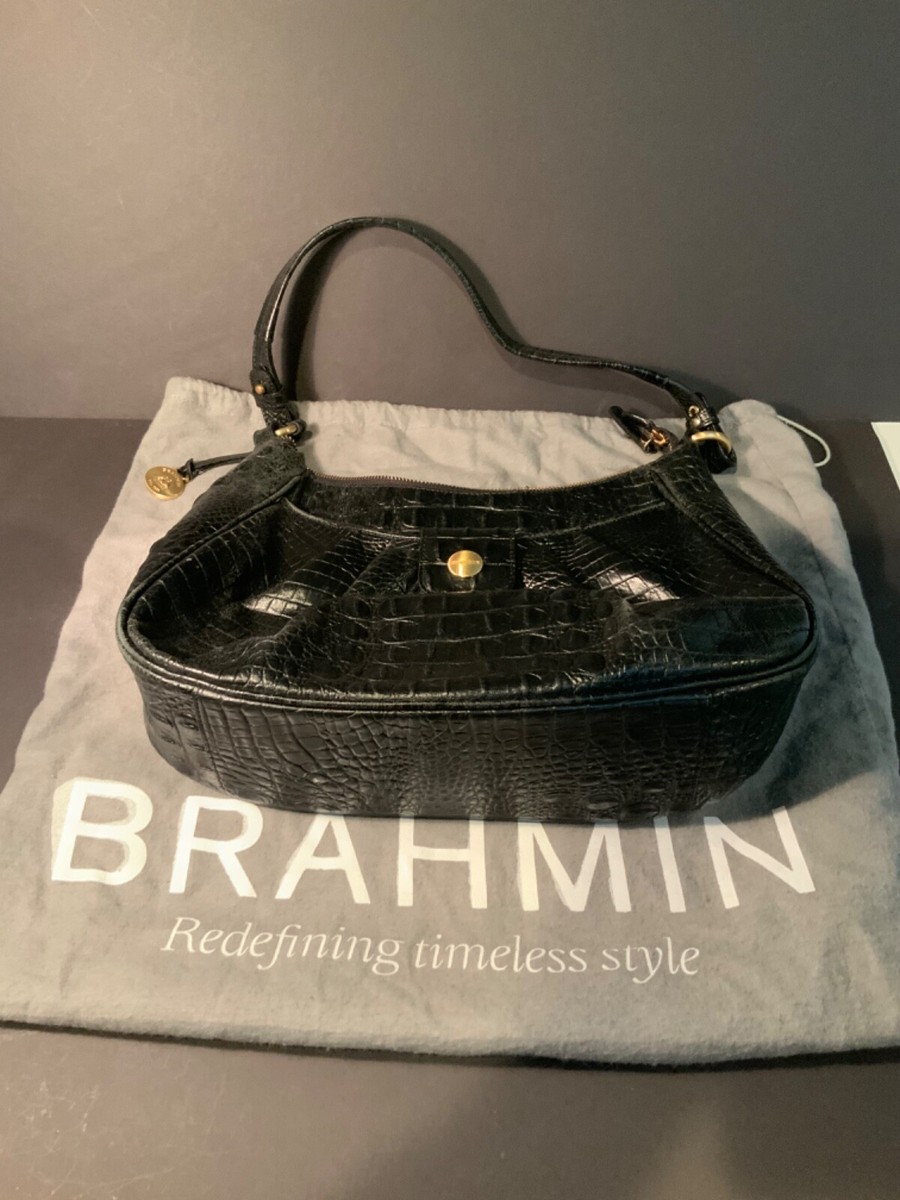 Brahmin Black Melbourne Croc Embossed satchel Bag /w wallet dust cover bag