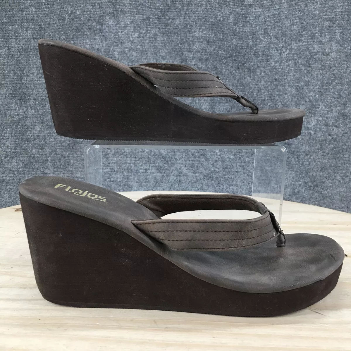 Flojos Sandals Womens 7 Olivia Thong Brown Toe Post Wedge Heels