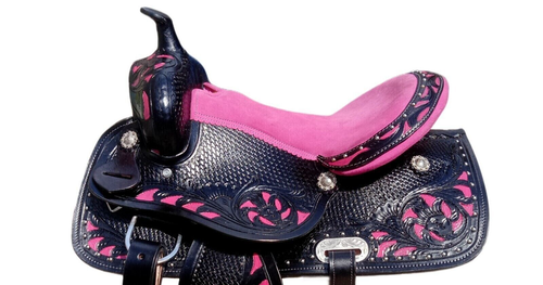 Western Leather Black-Pink Saddle For Barrel Horse Tack Set With All Size - Picture 4 of 4