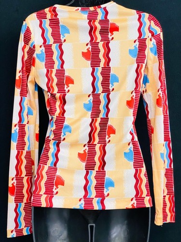 Vintage 1970s novelty print shirt top ladies in dresses red turquoise S M - Picture 4 of 5