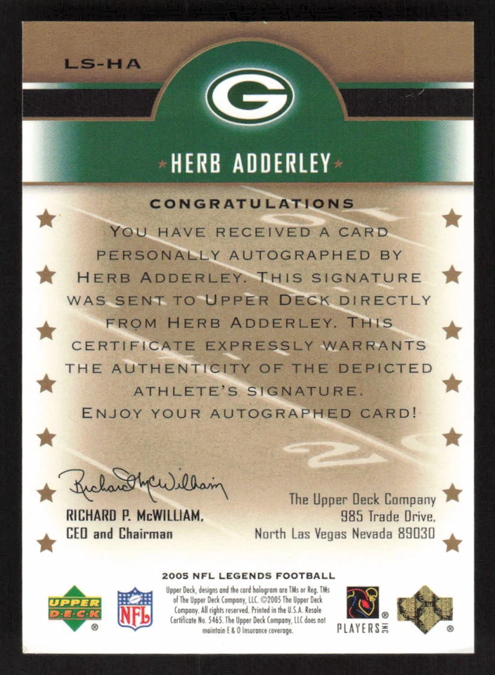 2005 UPPER DECK LEGENDS HERB ADDERLEY LEGENDARY SIGNATURES AUTOGRAPH PACKERS - Image 2 of 2