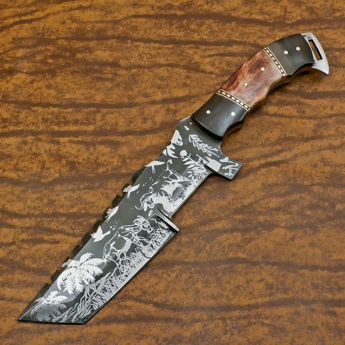 Rody Stan HAND MADE D2 ACID ETCHING BLADE TRACKER KNIFE - BONE/WOOD - AS-6736 - Picture 2 of 7