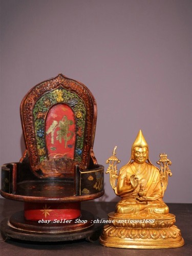 14'' Old Tibet Wood Lacquerware Copper Zongkaba Je Tsongkhapa Fo Kan Shrines Set - 第 7/9 張圖片