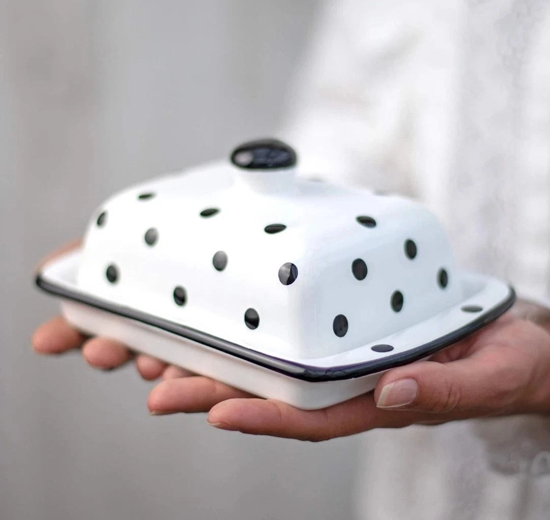 Handmade Ceramic European Covered Butter Dish with Lid | Unique White and Black