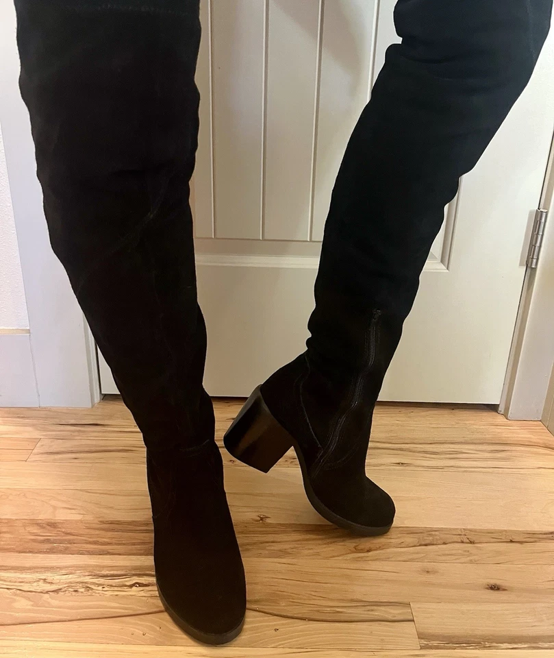 Zapato Melisentia Gamuza Negro Tacón Botas Sobre la Rodilla Talla 9 Foto 2 de 4