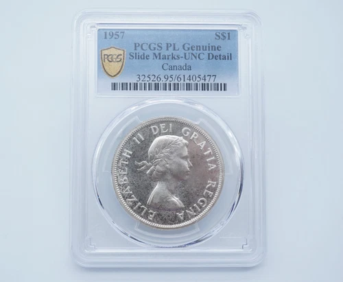 1957 Canadian $1 Coin .800 Silver PCGS PL Genuine Slide Marks UNC Detail- T242
