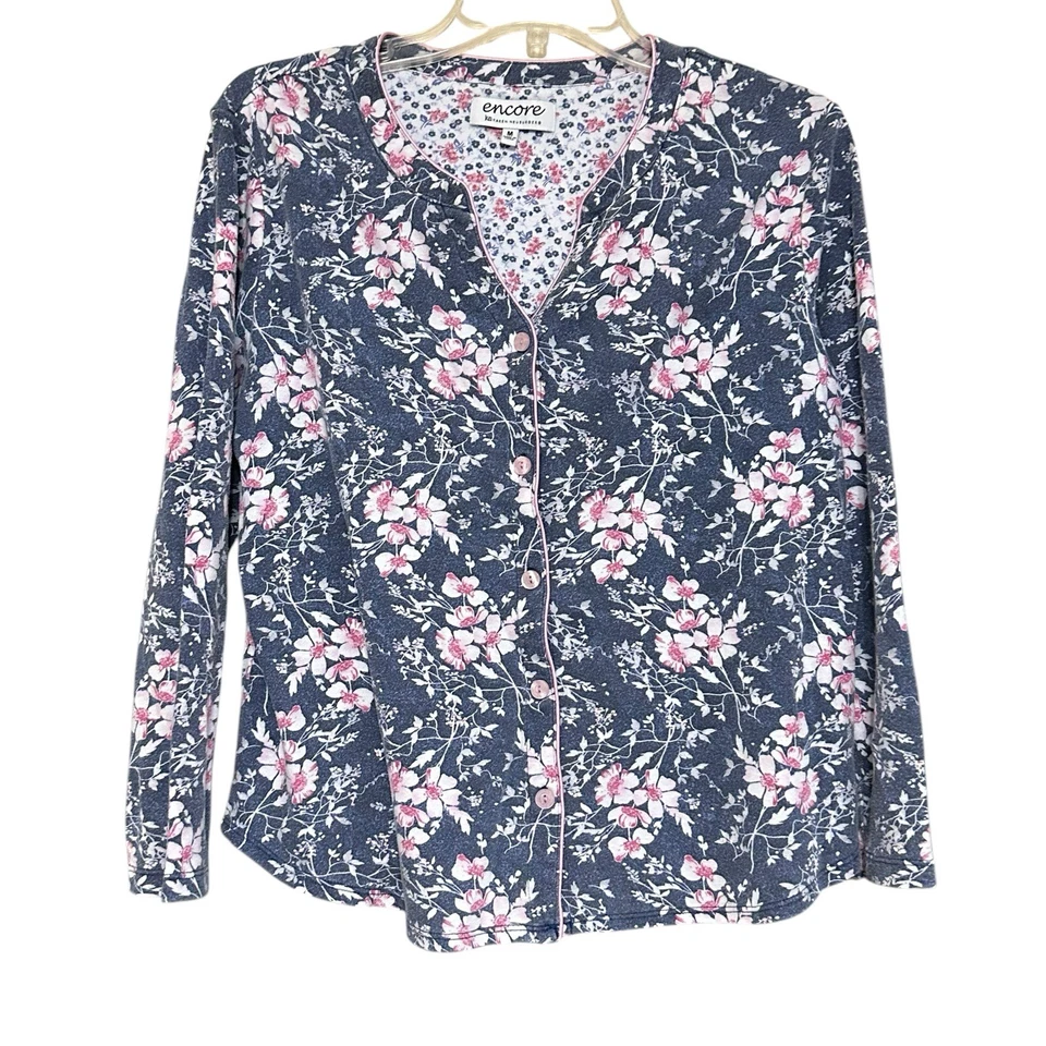 Encore Karen Neuburger Floral Pajama Set M Button Up Blue Pink V Neck Long Sleev - Image 3 of 4