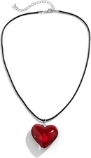 Chunky Puffy Heart Choker Necklace - Big Pendant Adjustable red glass 