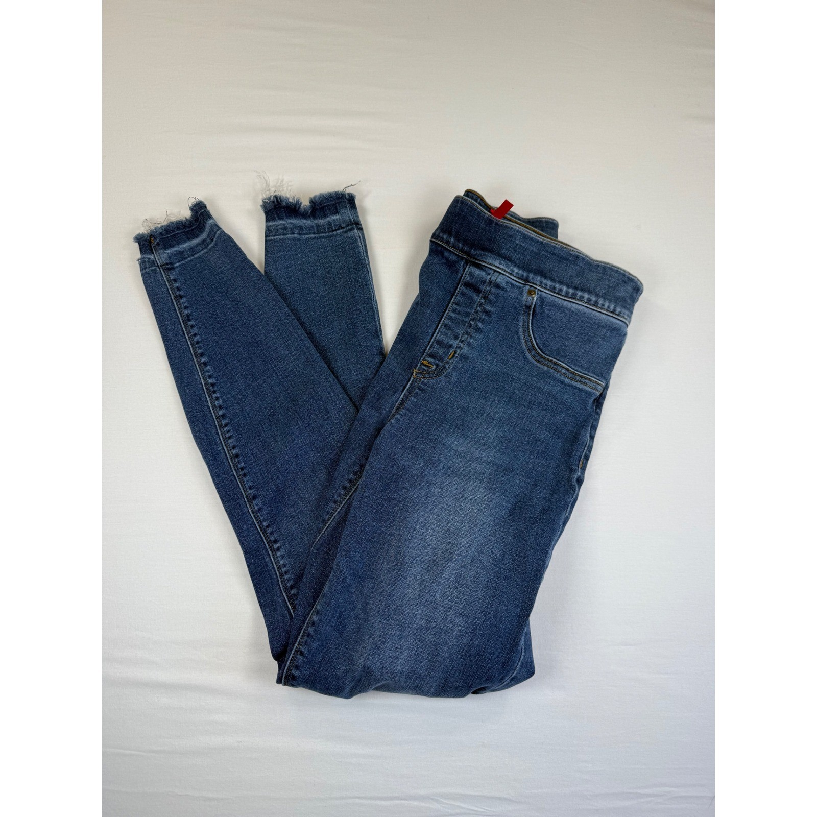 Spanx Ankle Skinny Jeans Medium Wash Raw Hem Distressed Pull On Denim Small