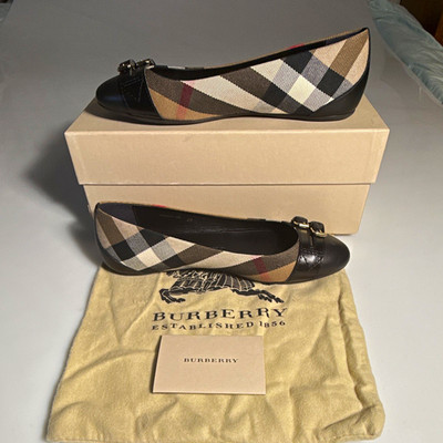 Burberry Women s Leather Check Ballerina Flats Black/Beige Buckle UK4 EU37 US6.5