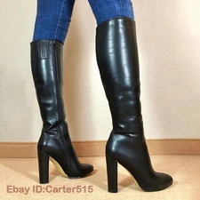 Women Knee High Boots Round Toe Thick Heels Full Zipper Faux Leather Boots Shoes