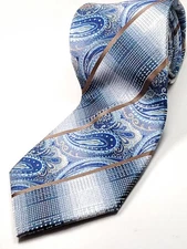 HI-TIE Handmade 100% Silk Tie Men's Blue White Gray Brown Paisley Striped NEW