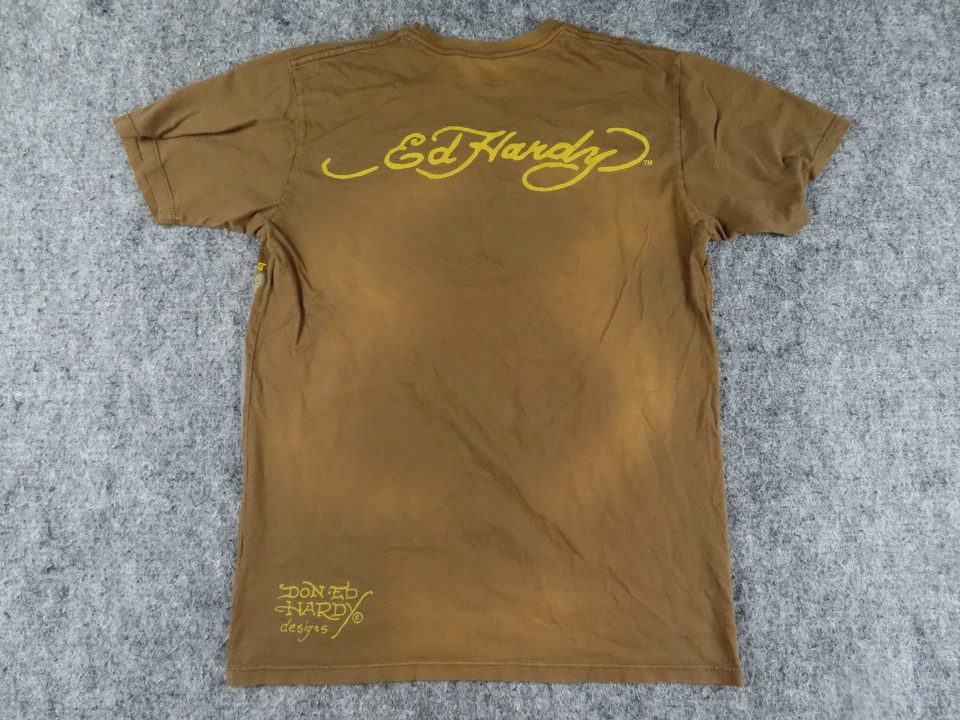 Ed Hardy 衬衫男式中号棕色真爱锚纹身 Christian Audigier Y2K — 第 4/4 张图片