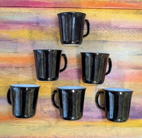 ⭐Vintage Pyrex Milk Glass Black Coffee Mugs Cups Lot of 6 Corning USA made Set