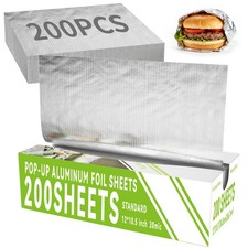 Aluminum Foil Sheets 200 Count Pre Cut 12" x 10.5" Food Wrap Storage Baking