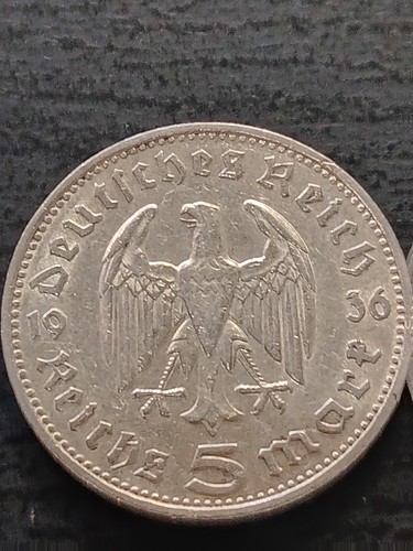 1936-F German 5 Five Mark Silver Coin - Picture 2 of 2
