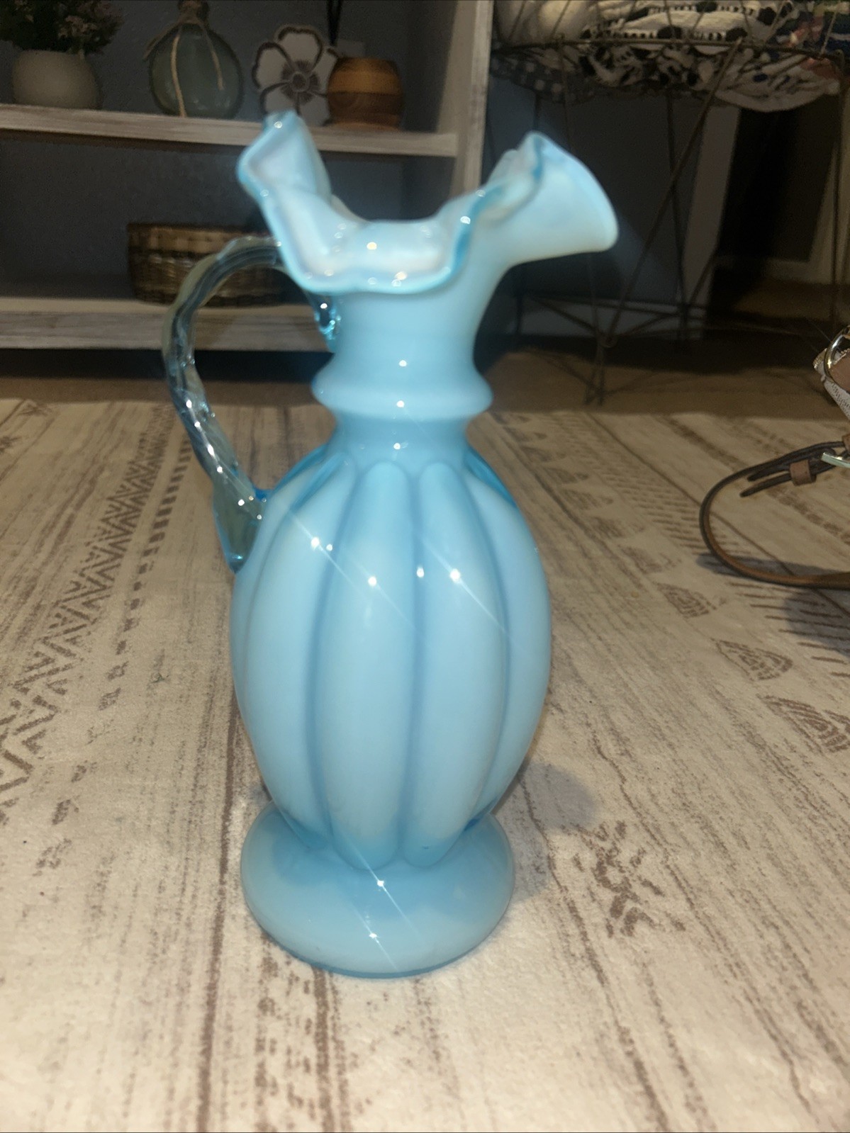 Fenton Light Blue Overlay Melon Ruffled Edge Pitcher Vase With Handle