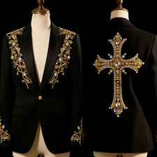 Luxury Men's Suit for Wedding Prom Rhinestone Black Outfits Gold Embroidery