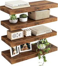 Set of 4 Rustic Brown Floating Wall Shelves 16in Invisible Brackets