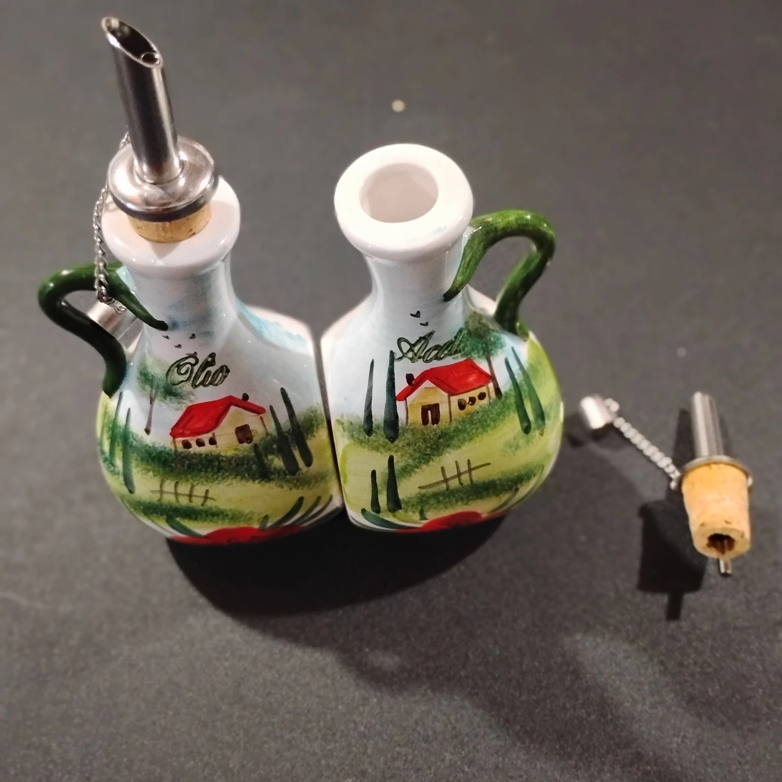 Handpainted Italian Oil & Vinegar Set “Aceto & Olio” House, Flowers, Bassano