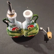 Handpainted Italian Oil & Vinegar Set “Aceto & Olio” House, Flowers, Bassano