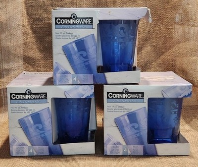 New old Stock 4 Pack Corningware  Glass Cobalt Blue Swan Fleur de Lis Coolers
