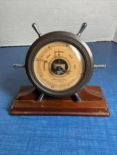 Vintage Airguide Instrument Co. Figural Ship Wheel Desk Barometer