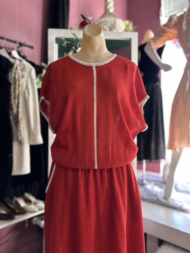 复古 70 年代 80 年代特里布毛巾长裙红色白色复古运动 M/L — 第 3/4 张图片