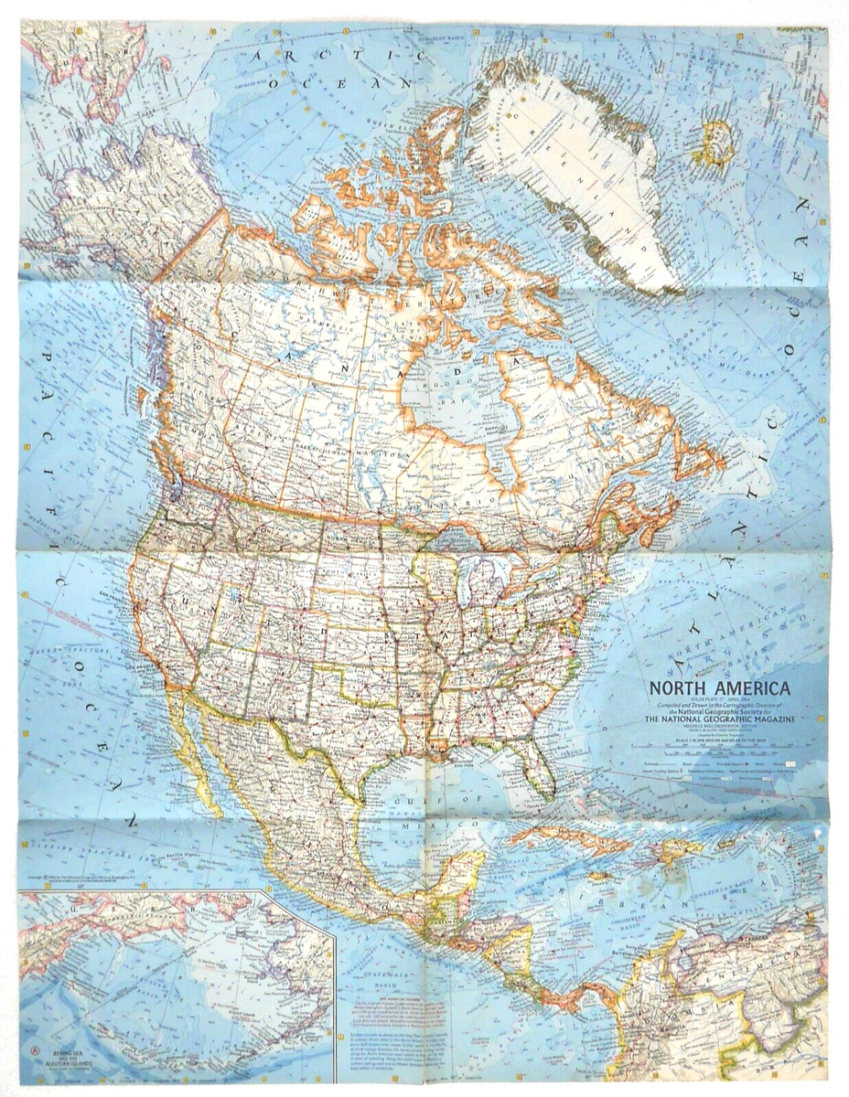 ⫸ 1964-4 April Vtg NORTH AMERICA National Geographic Map US