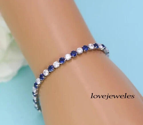 VALENTINO Bracciale Tennis Donna 6CT Taglio Rotondo Lab Creato Zaffiro Blu Argento 925