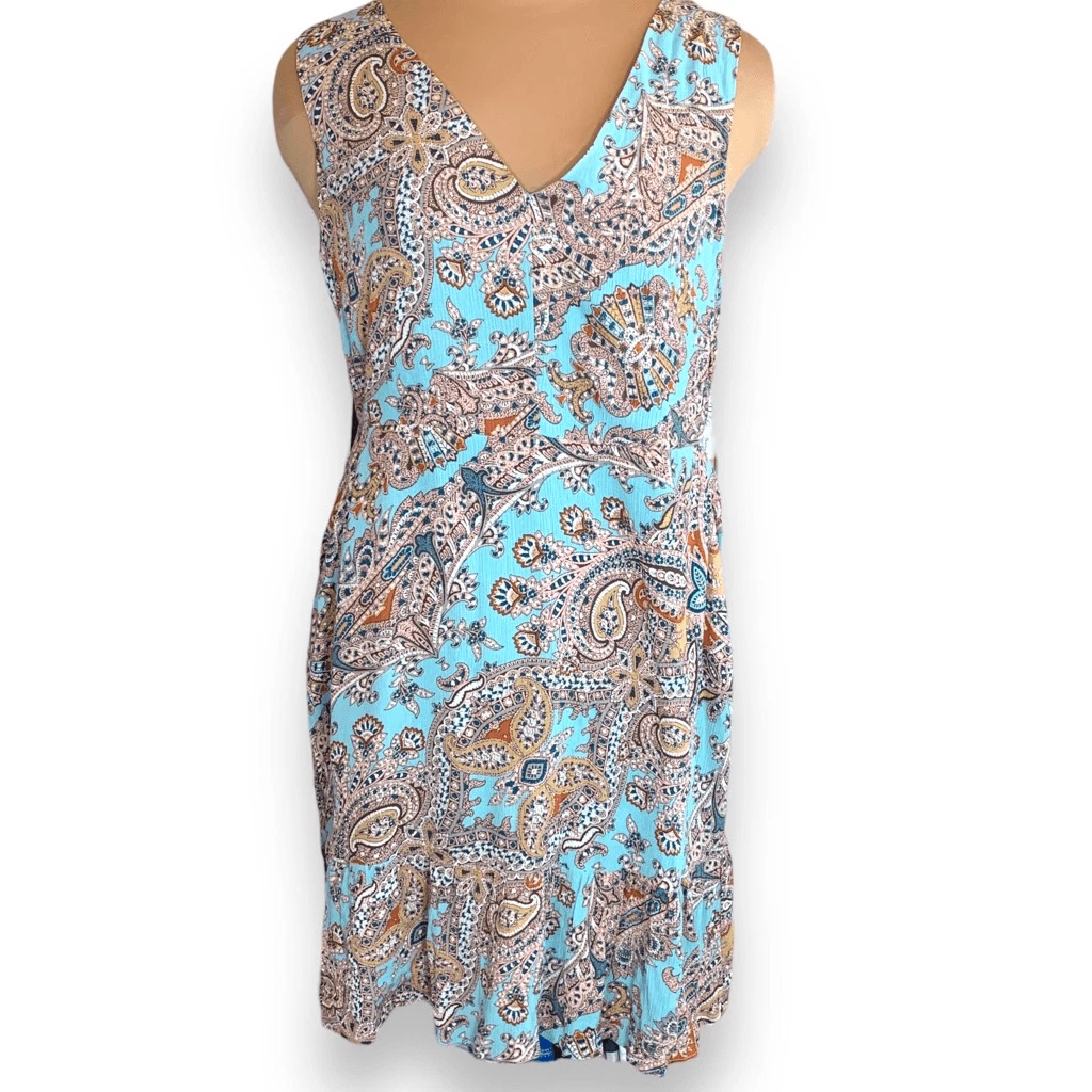 Cynthia Rowley Dress Aqua Blue Paisley Print Flounce Hem Sleeveless Vneck  Mini | eBay