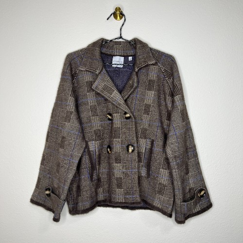 Cyrus Knits Brown & Blue Glen Plaid Collared Peacoat Sweater Jacket Sz S
