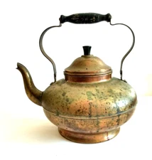 Vintage Holland Copper Brass Tea Pot Kettle Wood Handle Patina Old Decor