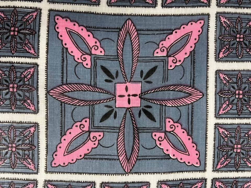 Circa 50s FAITH AUSTIN Linen Handkerchief Abstract Geometric Optic Pink Gray EXC - Image 3 of 4