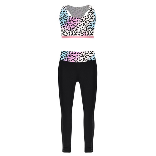 Kids Girls Outfit Tights Suit Sleeveless Set Printed Activewear Sport Athletic - Picture 22 of 45