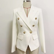 White Luxury Double Breasted Blazer With Gold Tone Buttons Elegant Size UK 12-14