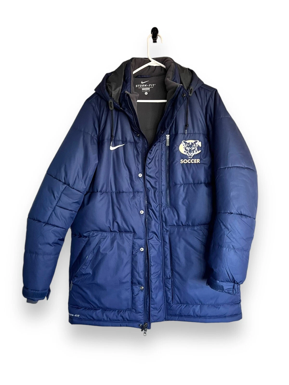 NIKE STORM FIT Navy Blue Cougars Soccer Long Puffer Parka Coat JACKET Mens Sz L