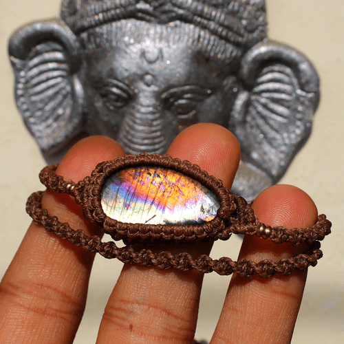 Hand Crafted Natural Spectrolite Gemstone Rainbow Flash Micro Macrame Bracelet - Picture 7 of 10