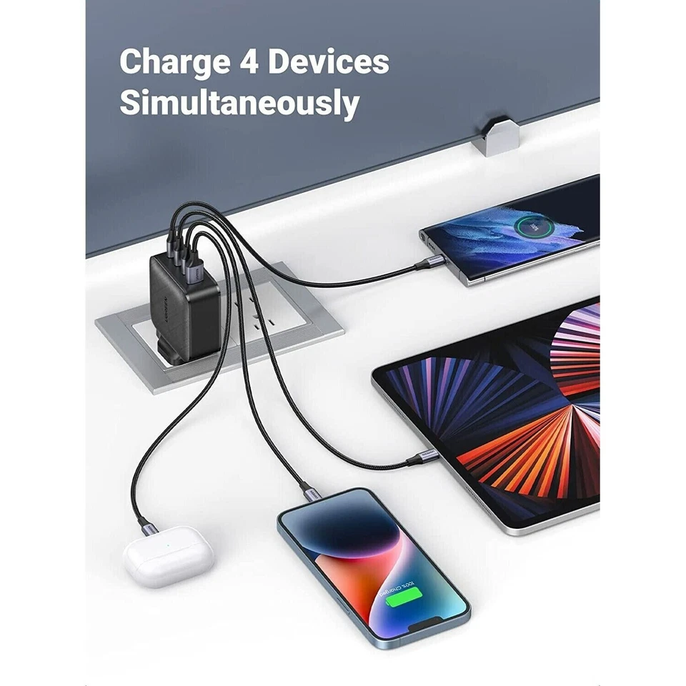 Adaptador de carregamento rápido UGREEN 65W GaN Reino Unido plugue de 3 pinos 4 portas USB USB-C e USB-A - Imagem 3 de 4