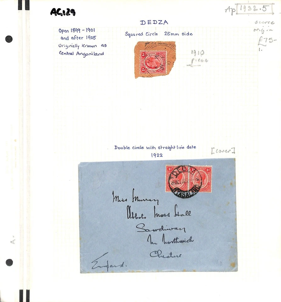NYASALANDIA Raro POSELLOS *Dedza* CDS 1922 Cubierta Cuadrado Círculo 1910 Pieza AG129 Foto 3 de 4