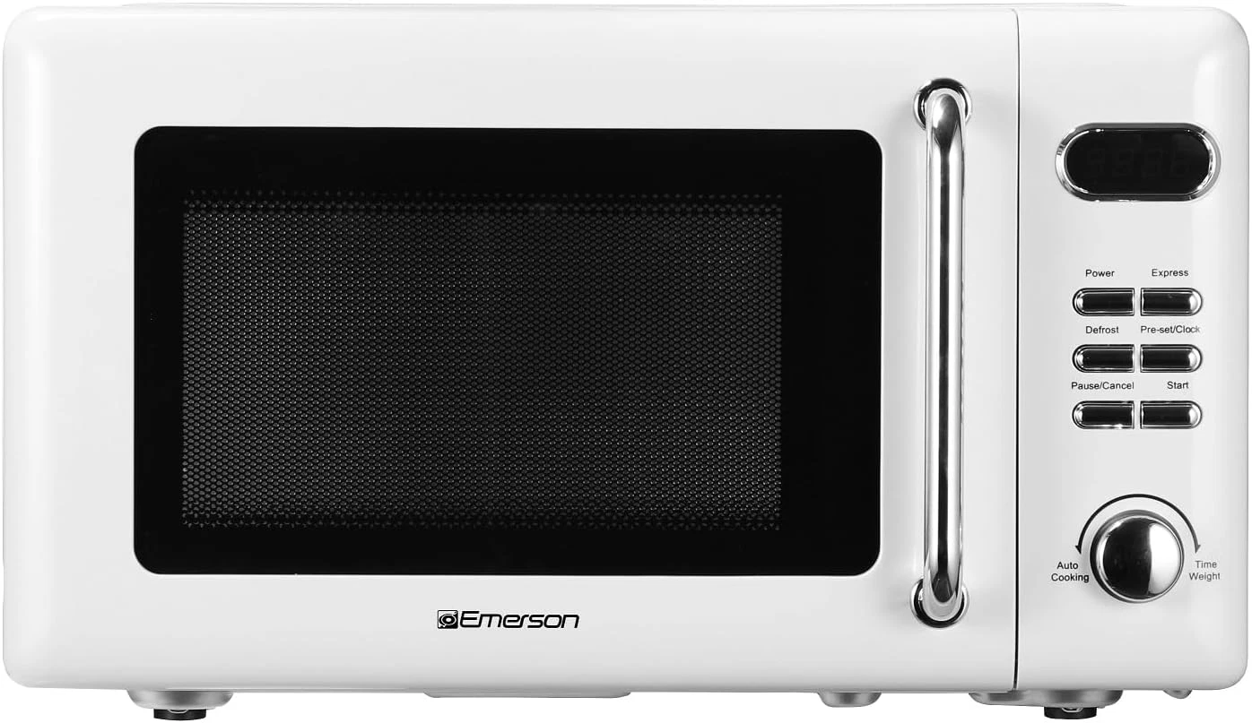 Retro White 0.7 cu ft Compact Microwave Oven with 8 Auto Menus & Child Lock