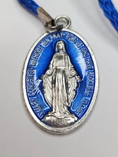 Large Miraculous Medal Blue Enamel Pendant Medal Religious Christian Necklace