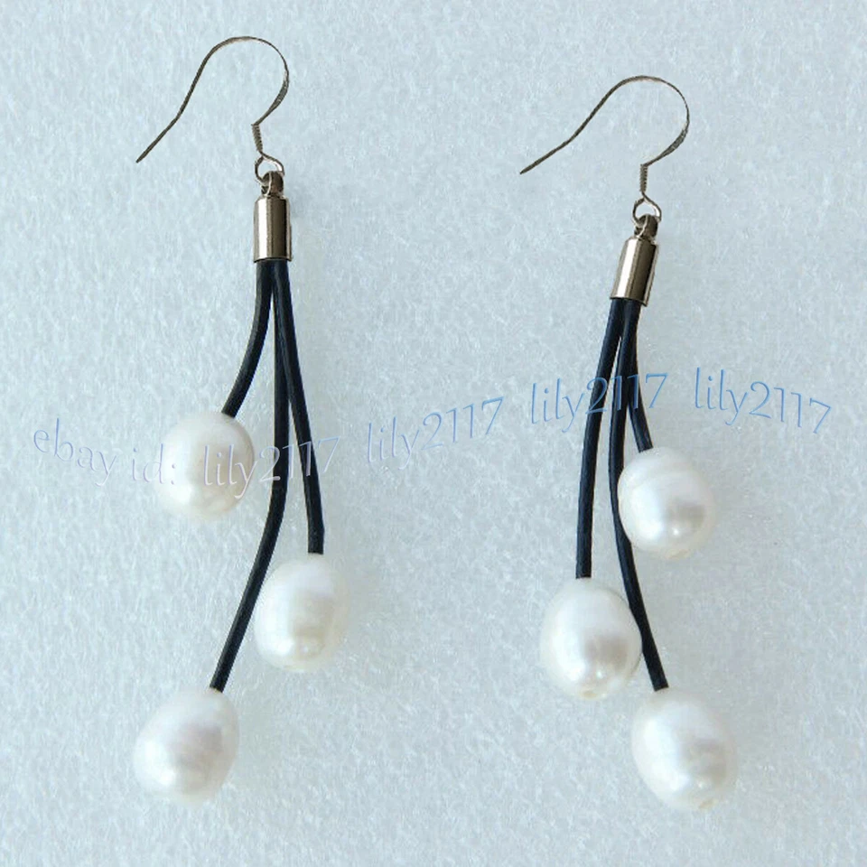 Pendientes de gancho de plata de cuero negro con perlas de agua dulce multicolores de 10-11 mm Foto 2 de 4