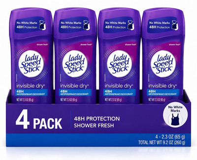 Lady Speed Stick Invisible Dry Shower Fresh Stick 4-Pack 2.3 oz, No White Marks