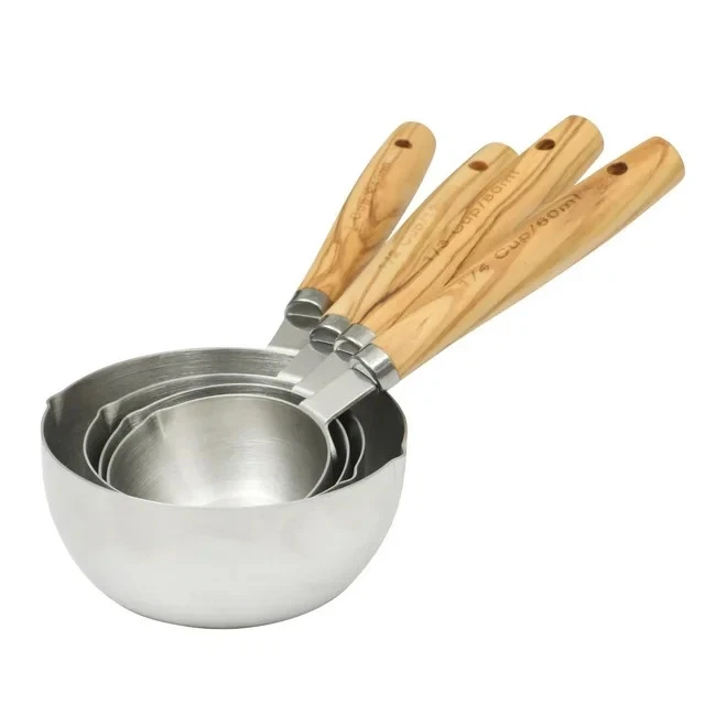 Pioneer Woman Stainless Steel Measuring Cups with Olivewood Handles 4Pcs New - Image 4 of 4