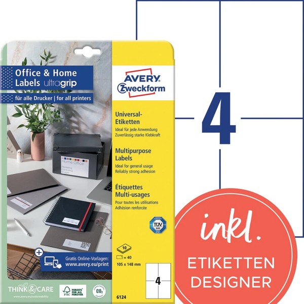 1-20X Avery Zweckform Universal-Etiketten Office&Home, 105 X 148Mm-image