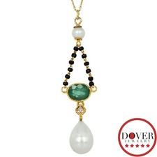 Estate Diamond Emerald Pearl 14K Gold Beaded Dangle Drop Pendant 3.7 Gr NR