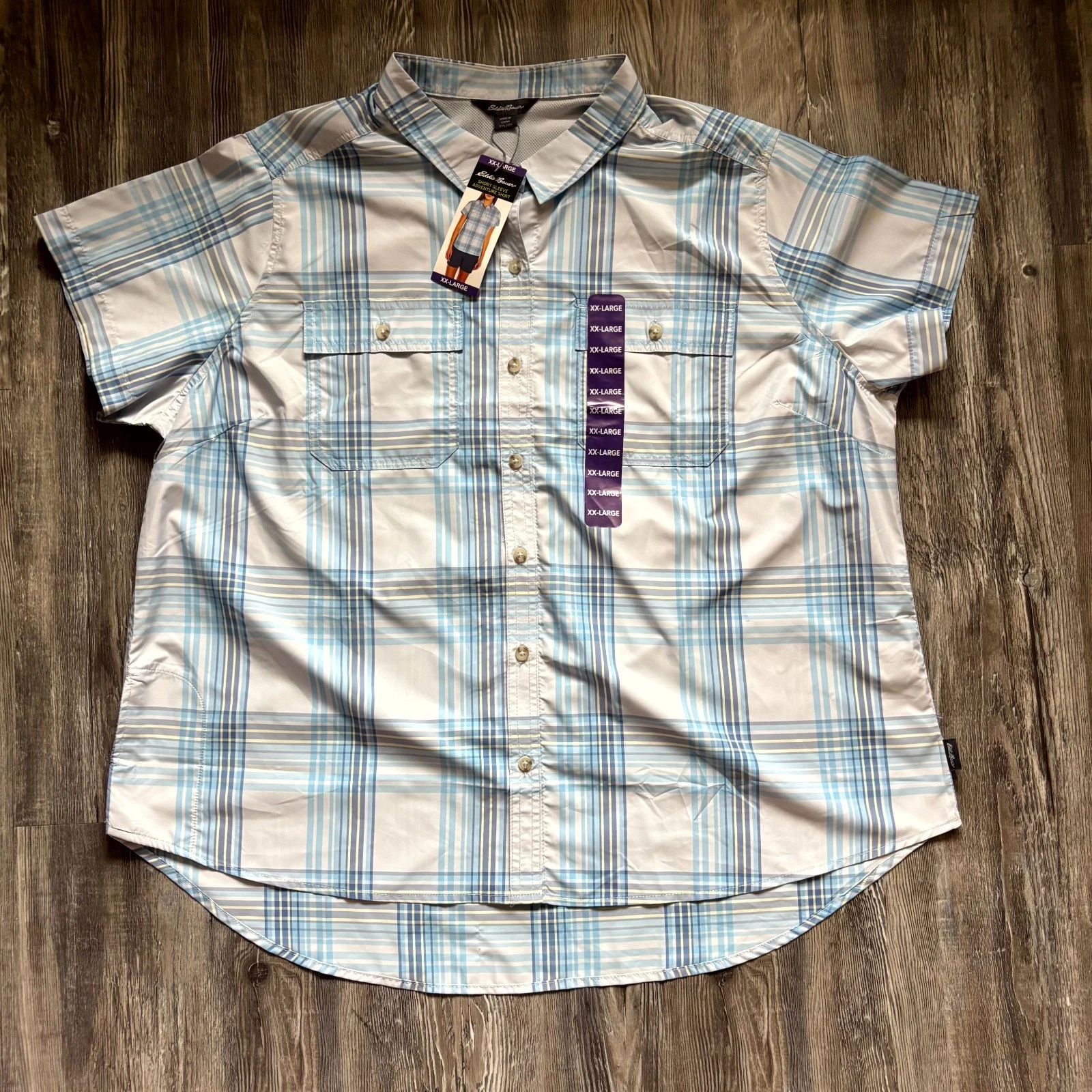 Eddie Bauer Fishing Shirt Short Sleeve Button Up Vented Blue Plaid Size XXL
