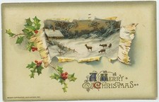 A Merry Christmas Holly Deer House Snow 1911 Antique Postcard Embossed